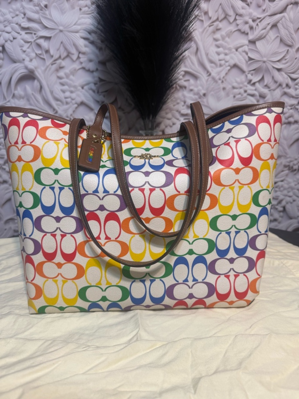 Coach Multicolor Rainbow Signature Tote with Brown Leather Trim